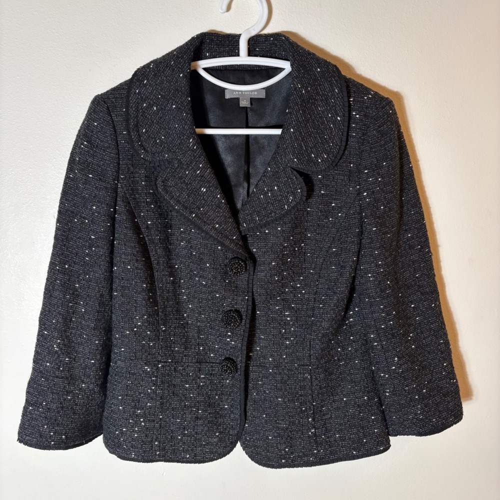Ann Taylor Black Speckled Tweed Blazer Jacket Size 6